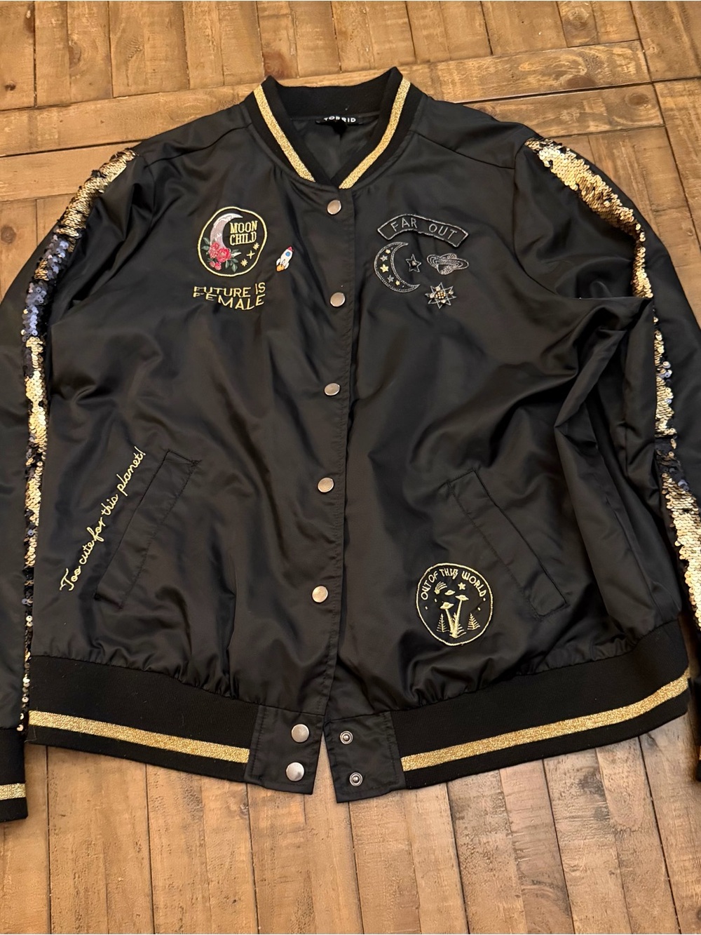 torrid Black Bomber Jacket with Gold Sequin Trim & Patch Embroidery